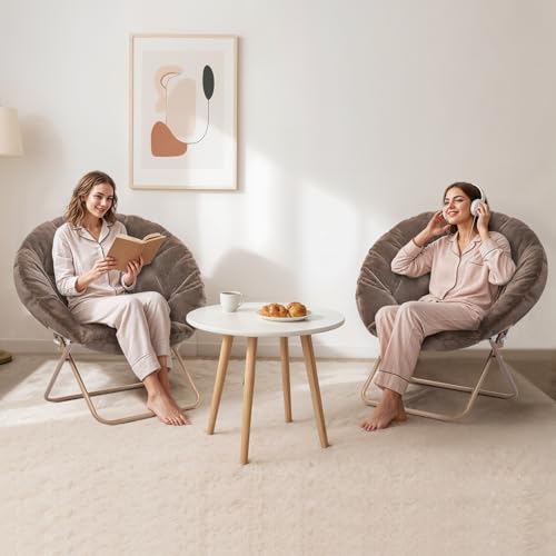 MoNiBloom Round Folding Faux Fur Saucer Chair for Bedroom Living Room Dorm Foldable Metal Frame Oversized Large Comfy Furry Padded Soft Lounge Lazy Cozy Moon Chair for Adults (Beige, 2 Pieces) - color: Beige
