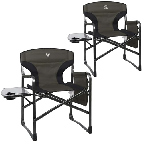 EVER ADVANCED Aluminum Lightweight Folding Director Chair, 350lbs Heavy Duty Camping Chair with Side Table & Storage, 19" Joint-Friendly Height Easy to Stand, Portable Makeup Artist & Vendor Chair - color: Dark Green, style: 2 Pack