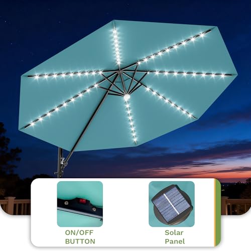 Patiowell 10 FT Patio Umbrella with Solar LED Light, Outdoor Cantilever Umbrella with 360 Degree Rotation, Outside Large Round Sun Umbrella with Frame for Backyard Garden Poolside, Sky Blue - color: Sky Blue with Light, size: 10 FT