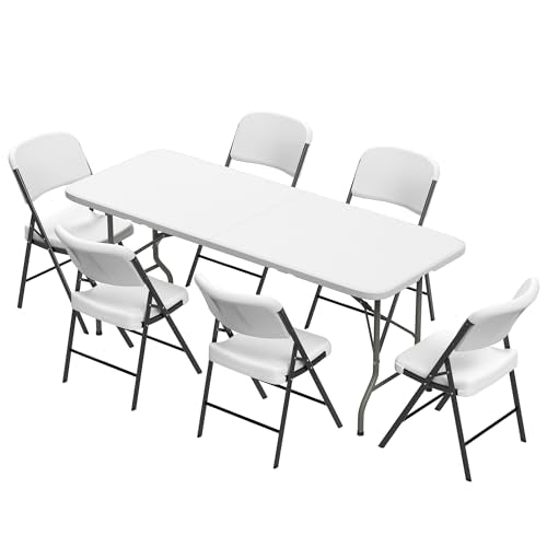 Elevon Folding Table Set with 6 White Folding Chairs,6 Feet Heavy Duty Fold-in-Half Utility Table Sets for Picnic, Event, Training, Outdoor Activities, at Home and Commercial Use - size: 6 feet, style: With 6 Chair