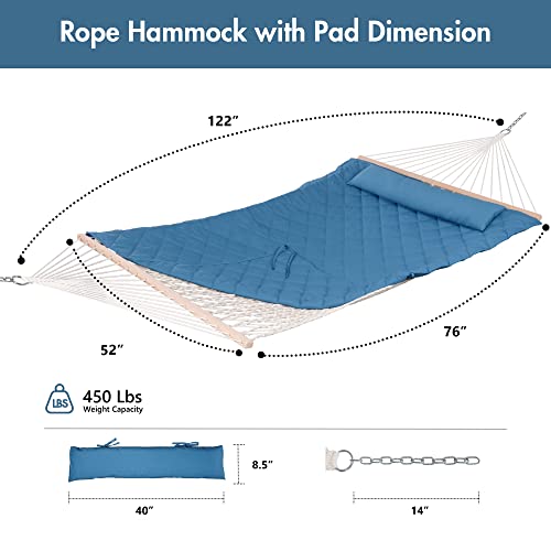 ANOW 2 Person Hammock with Detachable Large Hammock Pad and Pillow, for Garden Yard Outside, 450 LBS Weight Capacity, Blue - color: Blue, size: Without Stand