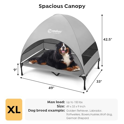 Veehoo Outdoor Dog Bed with Canopy, Cooling Elevated Pet Cot with Removable Shade, Non-Slip Feet, Raised Dog Cot for Large Dogs, Pet Tent Bed for Camping, Beach, XLarge, Grey, CWC2411 - color: Grey, size: 49.0"l X 33.0"w X 42.5"th
