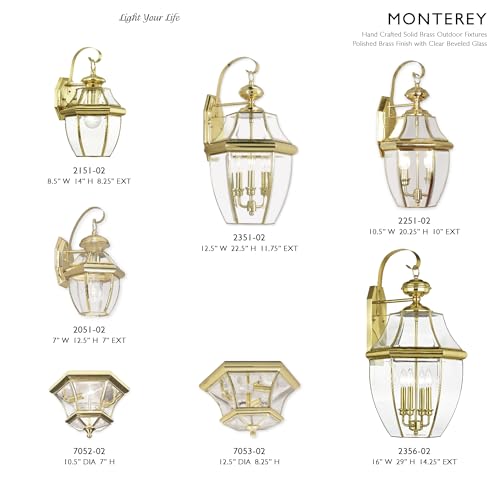 Livex Lighting 2051-02 Monterey 1 Light Outdoor Polished Brass Finish Solid Brass Wall Lantern with Clear Beveled Glass - color: Polished Brass