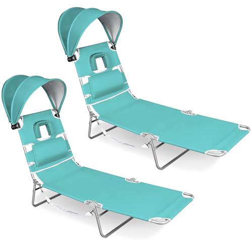 Romswi 2PK Folding Tanning Beach Chair with Face Hole & Canopy Shade, 5-Position Reclining Sun Lounger, Portable Face Down Tanning Chair with Arm Holes & Side Pocket for Beach, Pool & Patio, Cyan - color: Cyan With Sunshade, size: 2pcs
