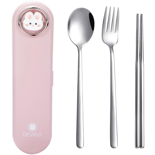 DEVICO Travel Utensils with Case Cute, Reusable Silverware for Lunch, Portable Cutlery Set, 18/8 Stainless Steel Fork Spoon Chopsticks in Cartoon Case, Dishwasher Safe (Pink) - color: Pink