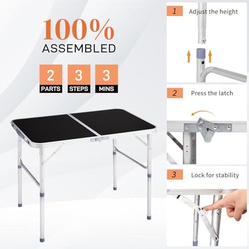 3.0 Ft Folding Portable Camping Table with Adjustable Height Legs, RV Dining Tables, Grill, DJ, BBQ, Dining, Picnic, Cooking, Beach, Garden, Black - color: Black, size: 3 FT