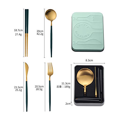 Portable & Reusable Stainless Steel Travel Cutlery Set，Folding Utensil Set with Case ，for Camping, Picnic, Office and On-The-Go (Pocket Sized Flatware Set) (Black) (Gold Green)