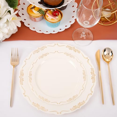 U-QE 100 PCS Ivory Plastic Plates with Gold Rim - Gold Plastic Plates for Party - Heavy Duty Plastic Plates Disposable Use Including 50 Dinner Plates 10 '' & 50 Dessert Plates 7.5 '' - color: Ivory Gold