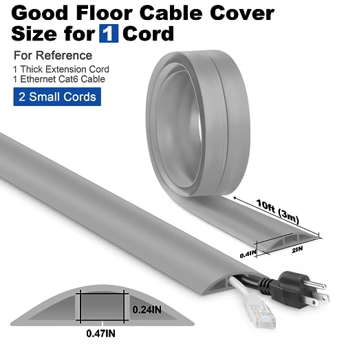 10FT Floor Cord Cover, Grey Cord Hider Floor, Durable Cord Covers for Wires on Floor, Cable Floor Cover Power Cord Cover, Floor Cord Protector Hide Cords on Floor Cord Cavity: 0.47" W x 0.24" H - color: Grey, size: W2" × L10'