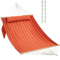 CHULIM Double Quilted Fabric Hammock with Hardwood Spreader Bars and Pillow 450 LBS Capacity 2 Person Large Hammock for Outdoor Patio Backyard Poolside - Terracotta - color: Terracotta
