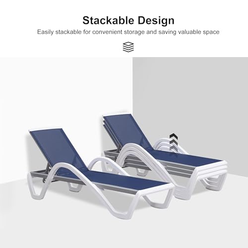 PURPLE LEAF Patio Chaise Lounge Chair Set Outdoor Plastic Textilene Lounger with Side Table 6 Adjustable Positions Sun Bathing Tanning Recliner for Pool Outside Beach in-Pool Lawn Poolside, Navy Blue - color: Navy Blue, style: 1 chair(w/Arms) + 1 table