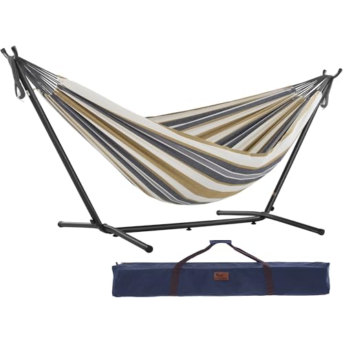 Vivere Double Cotton Hammock with Space Saving Steel Stand, Upgraded Polyester End Strings 450 lb Capacity - Premium Carry Bag Included (Desert Moon) - color: Desert Moon