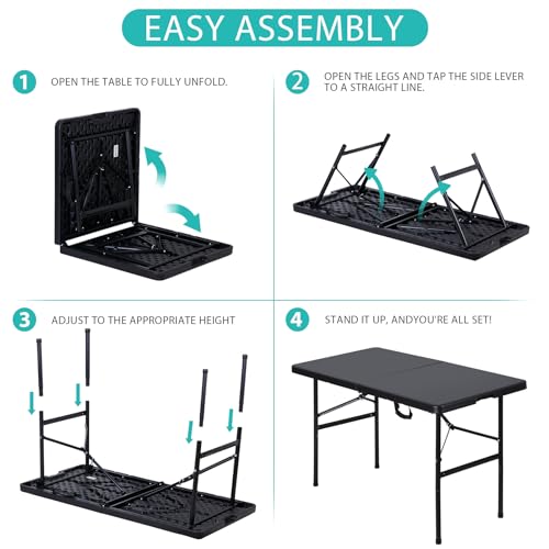 SUPER DEAL Portable 4 Foot Plastic Folding Table, Indoor Outdoor Heavy Duty Fold-in-Half Picnic Party Camping Barbecues Table with Carrying Handle, Black - color: Black, size: 48"x24", style: Rectangular