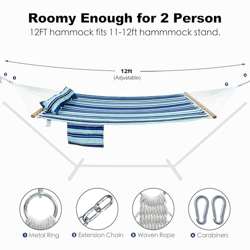 GAFETE Hammock 2 Person Quilted Fabric Hammocks for Outside, Double 12ft Hammocks with Spreader Bar, Large Removable Pillow, Storage Bag, Carabiners, Max 475 lbs Capacity (Catalina Beach) - color: Catalina Beach