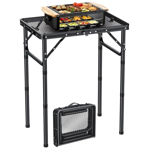 EYPINS 2ft Folding Grill Table with 3 Adjustable Heights Max 27.6'',Aluminum Heat-Resistant Cooking Camping Table,Lightweight Portable Side Table with Handle for Outside Patio BBQ,Black 22.8''x15.7'' - color: Black, size: 23x16x 27.5 Inch