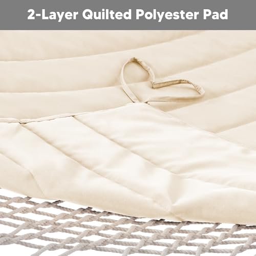 SUNCREAT 2 Person Hammock with Hardwood Spreader Bar, Outdoor Rope Hammock with Polyester Pad, 475 lbs Capacity, Beige - color: White