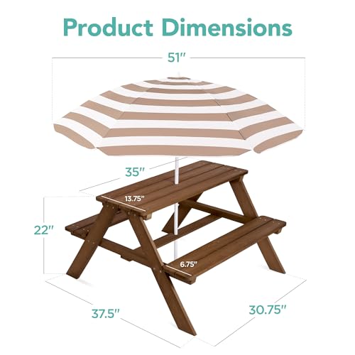 Best Choice Products Wooden Kids Picnic Table with Umbrella, Outdoor Activity Table Set with Built-in Benches, 220 lb Capacity per Bench - Walnut/Beige - color: Walnut/Beige