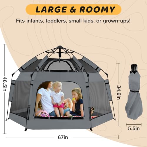 Instant Pop Up Baby Playpen with UV Canopy & Safety Lock, Portable Outdoor Beach Tent Play Yard for Toddlers, Breathable Mesh & Carry Bag, Indoor & Backyard Use (Grey) - color: Grey