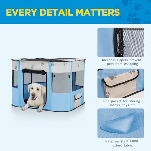 Avont Portable Dog Cat Playpen, Foldable Pop Up Pet Play Pen Travel Crate with Floor and Mesh Door Top for Indoor Outdoor Collapsible Tent Cage -M, Blue - color: Blue, size: M (32"×24"×22")