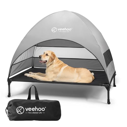 Veehoo Outdoor Dog Bed with Canopy, Cooling Elevated Pet Cot with Removable Shade, Non-Slip Feet, Raised Dog Cot for Large Dogs, Pet Tent Bed for Camping, Beach, Large, Black, CWC2411 - color: Black, size: 42.0"L x 30.0"W x 33.5"Th