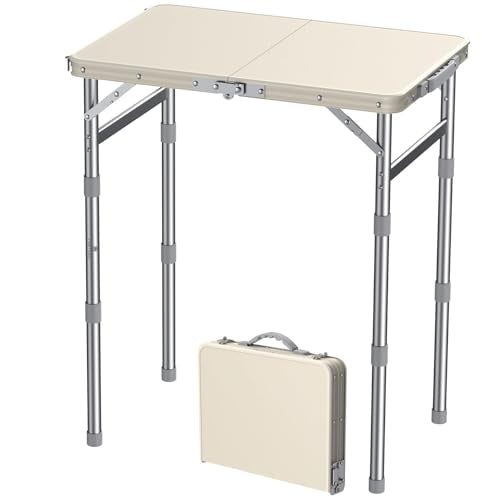 FUNYKICH Camping Table with Waterproof Plastic Tabletop 22.8''x15.7'', 3 Height Adjustable Small Folding Table, Lightweight Portable Picnic Table with Carry Handle for Picnic, Beach, Travel, White - color: White