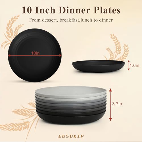 Kitchen Plates Set for 8, Unbreakable Wheat Straw Plates 10 Inch, Alternative to Plastic Plates Reusable, Microwavable Plates for Apartment, Dorm, RVs - BlackGrey - color: blackgrey, size: 10 Inch