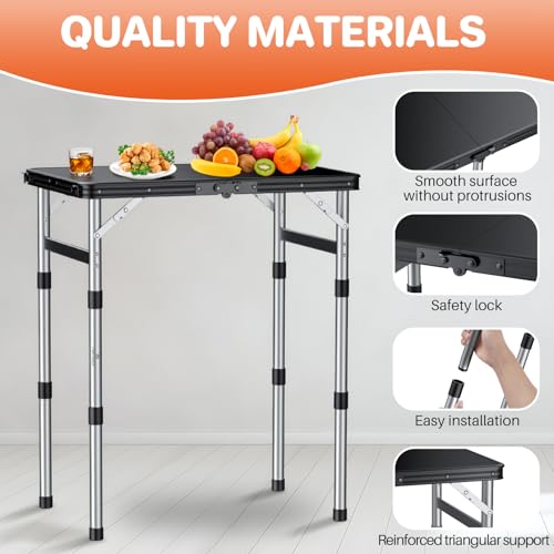 FUNYKICH Camping Table with Waterproof Plastic Tabletop 22.8''x15.7'', 3 Height Adjustable Small Folding Table, Lightweight Portable Picnic Table with Carry Handle for Picnic Beach Travel,Black Silver - color: Black Silver