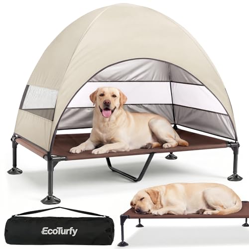 Elevated Dog Bed with Canopy - 3-Sided UV Protection Pet Tent with Wider Shade, Raised Cooling Outdoor Dog Cot with Breathable Mesh for Medium Large Dogs, Portable Bed for Camping, Patio (Khaki, XL) - color: Khaki, size: X-Large