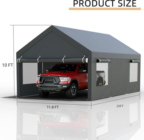 12x20 FT Heavy-Duty Design Carport,Portable Garage Canopy,Carport Canopy with Side-Opening Removable Door & Roll-Up Window,Portable Car Port for Car, Truck, Boat,Grey - color: Black/Gray, size: 12' x 20'