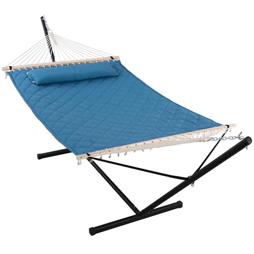 ANOW Double Hammock with 12 Feet Heavy Duty Steel Stand Combo, 2 Person Quilted Hammock with Stand for Outside, 450 LBS Weight Capacity, Blue - color: Blue, size: 2 Person With Stand