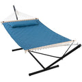 ANOW Double Hammock with 12 Feet Heavy Duty Steel Stand Combo, 2 Person Quilted Hammock with Stand for Outside, 450 LBS Weight Capacity, Blue - color: Blue, size: 2 Person With Stand