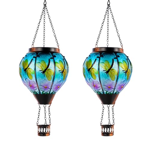 2 Pack Dragonfly Hot Air Balloon Solar Lantern Outdoor Waterproof, Glass Balloon Lanterns for Outside, Decorative Hanging Solar Lights Patio Garden Yard Gift for Women Moms - color: Dragonfly- 2Pack