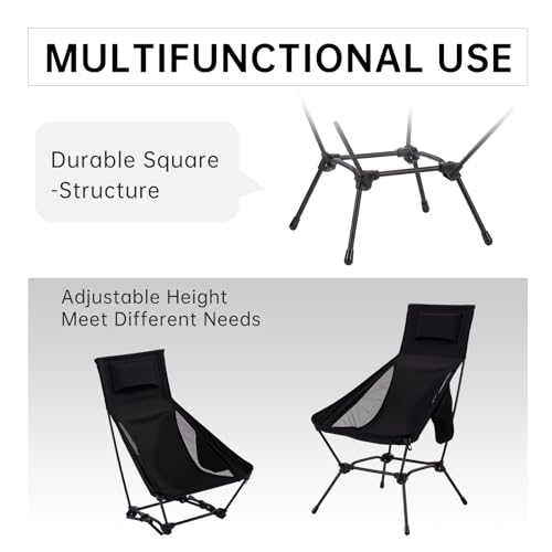 High Back Folding Camping Chair with Pillow, Lightweight Portable Chair for Adults, 2-in-1 Height Adjustment, Deep Recline, Side Pockets for Camping Motorcycle RV Backpacking - color: Black - High Back