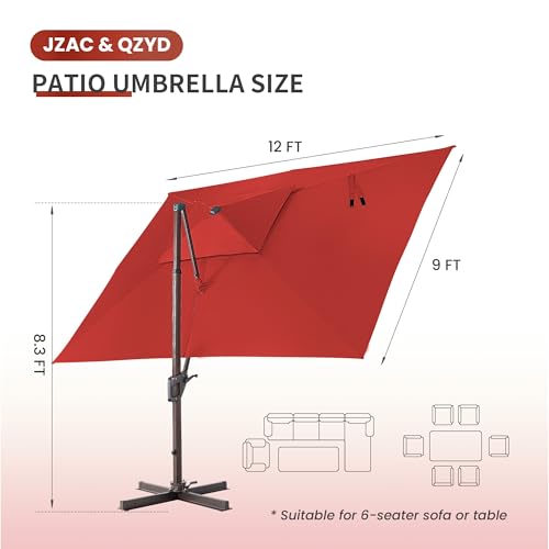 JZAC & QZYD 9x12 FT Outdoor Cantilever Patio Umbrella with LED Lights, Large Heavy Duty 2-Tier Aluminum Offset Umbrellas with 360-Degree Rotation for Pool Deck, Red - color: Red, size: 9'×12'
