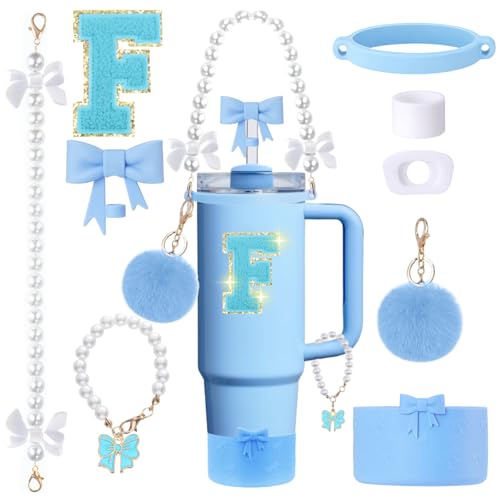 9pcs Stanley Cup Accessories Set- for 30oz 40oz Tumblers with Handle - Bule Kit Includes Bow Straw Topper and Boot, Charm, Pearl Handle Strap & Stickers - Aesthetic Girl Gifts (F) - color: F