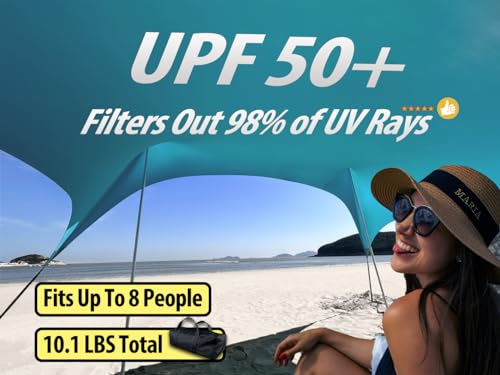 10×10ft UPF50+ Beach Tent Sun Shelter, Windproof Stable Outdoor Pop Up Beach Shade Canopy for Camping, Fishing, Backyard Fun or Picnics, 4 Poles - color: Turquoise, size: 10×10 FT 4 POLES
