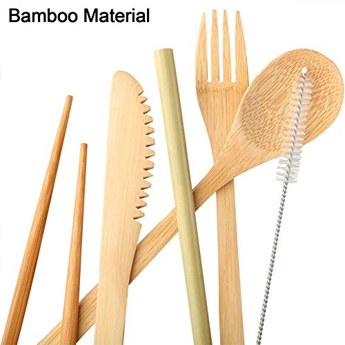 Boao 4 Sets Bamboo Utensils Wooden Utensils Set Japanese Style Reusable Cutlery Travel Chopsticks Fork Spoon Straw Portable Utensil Case for Travel Hiking Picnic Camping Cooking Kitchen(Chic Style)