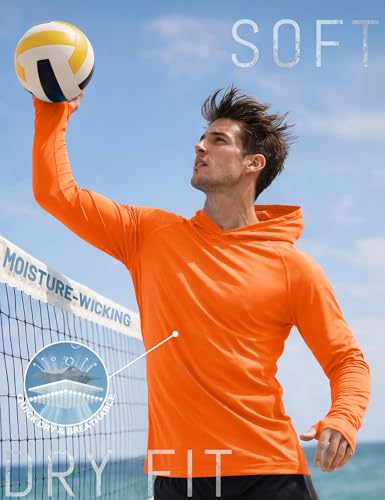 KEFITEVD Men's Sun Protection UPF 50+ Hoodie Shirts Long Sleeve Swimming Fishing Shirt SPF UV Quick Dry Rash Guards - color: Orange, size: Small