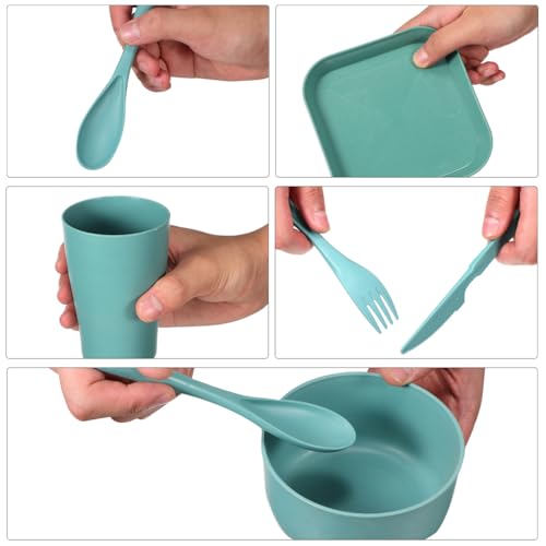 Wheat Straw Tableware Set Unbreakable Dinnerware with Reusable Utensils Lightweight Plates Bowls and Cutlery for Home Picnic Travel Dishwasher Safe