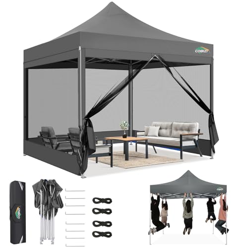 COBIZI 10x10 Canopy Tent, Heavy Duty Pop up Canopy with Sidewalls, Waterproof Easy Set up Tent with Mosquito Netting, Outdoor Instant Screen Tents for Parties, Wedding, Backyard with Carry Bag, Gray - color: Light gray, size: 10x10ft