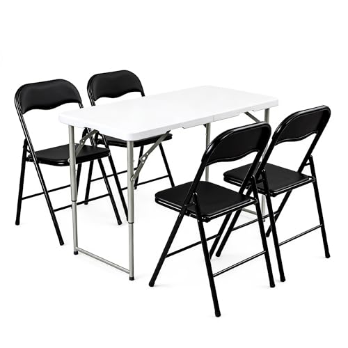 Elevon Folding Table Set with 4 Black Folding Chairs,4 Feet Heavy Duty Fold-in-Half Utility Table Sets for Picnic, Event, Training, Outdoor Activities, at Home and Commercial Use - size: 4 feet, style: With 4 Black Chair