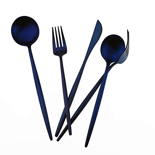 20-Piece 18/10 Stainless Steel Flatware Silverware, Luxury Dinnerware Set Travel Cutlery Tableware Include Knife Fork Spoon Service for 4,Healthy & Eco-Friendly Dishwasher Safe (Blue Matte) - color: Blue, size: Service for 4