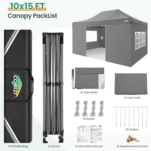 COBIZI 10x15 FT Heavy Duty Pop up Canopy with 4 Removable Sidewalls, Easy up Gazebo High Stability, All Weather Sunshade 100% Waterproof Outdoor Canopy Tents with Carry Bag, Gray - color: Gray, size: 10x15 with 4 sidewalls