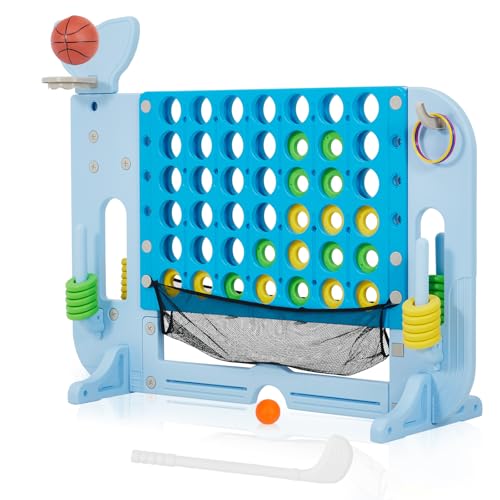 Jumbo 4-to-Score Connect Outdoor Game, 4-Levels Height Adjustable Giant 4-in-a-Row Yard Games with Mesh Net, 4-in-1 Play Design w/Golf, Basketball & Ring Toss for Kids & Adults, Patent Authorized