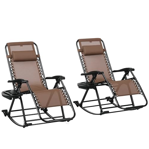 Outsunny Set of 2 Outdoor Rocking Chairs, Foldable Reclining Zero Gravity Lounge Rocker with Pillow, Cup & Phone Holder, Combo Design with Folding Legs, Brown - color: Brown, size: 2 Packs