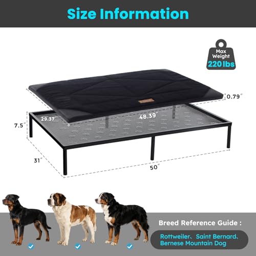 ZOMISIA Chew Proof Elevated Dog Bed for Extra Large Dogs XL- Raised Pet Cot with Removable Waterproof Padded for Outdoor Use, Indestructible and Washable, 50" L x 31" W x 7.5" H, Black - size: XL - 50"L x 31"W x 7.5"H