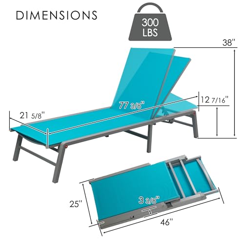 Kozyard Outdoor Foldable Lounge Chair, Aluminum Frame Patio Lounger with 5-Position Adjustable Backrest, Breathable Textilene Fabric, Assemble-Free, Reclining Full-Flat Poolside(Aqua) - color: Aqua