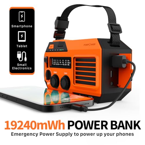 FosPower NOAA Emergency Weather Radio A6 19240mWh Portable Power Bank, AM/FM, USB/Solar/Hand Crank Charging, Battery Operated, SOS Alarm & Flashlight for Indoor/Outdoor Emergency - Orange - color: 07 - Model A6 - Orange