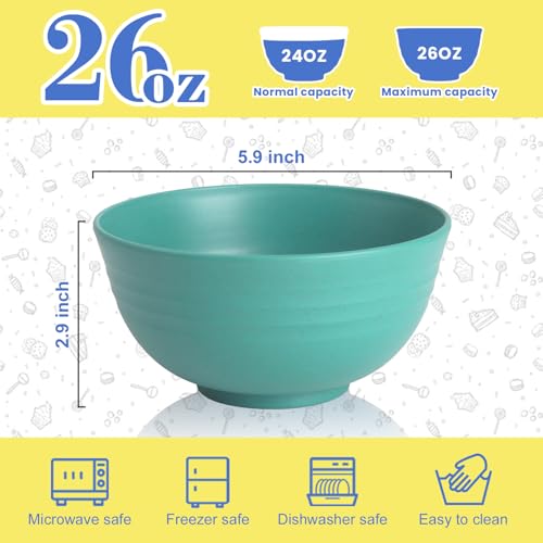 Wheat Straw Bowls Set of 6, 26 OZ Unbreakable Cereal Bowls for Family Meals, Reusable Dishes for Soup, Salad, Snacks, Microwave and Dishwasher Safe, for Kitchen, Camping, RV, Green - color: Green, size: 26 Oz
