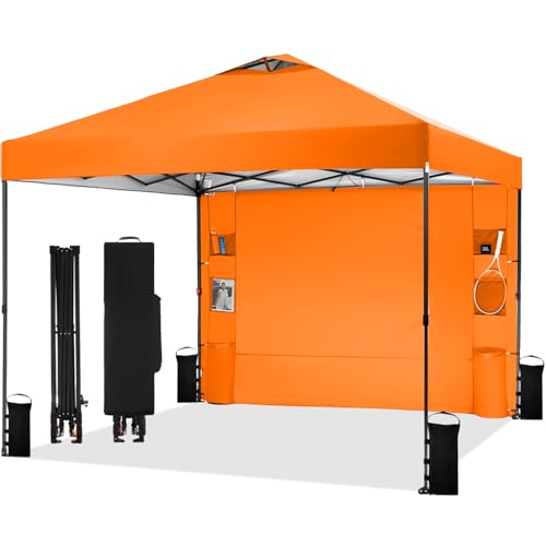 Tunbne 10'x10' Pop Up Canopy Tent with 1 Sidewall and 6 Pockets, One Push Setup, Instant Shade Tent with Vented Roof for Beach Patio Outdoor, Case, 8 Stakes, 4 Ropes, 4 Sandbags (Orange, 10x10) - color: Orange, size: 10x10